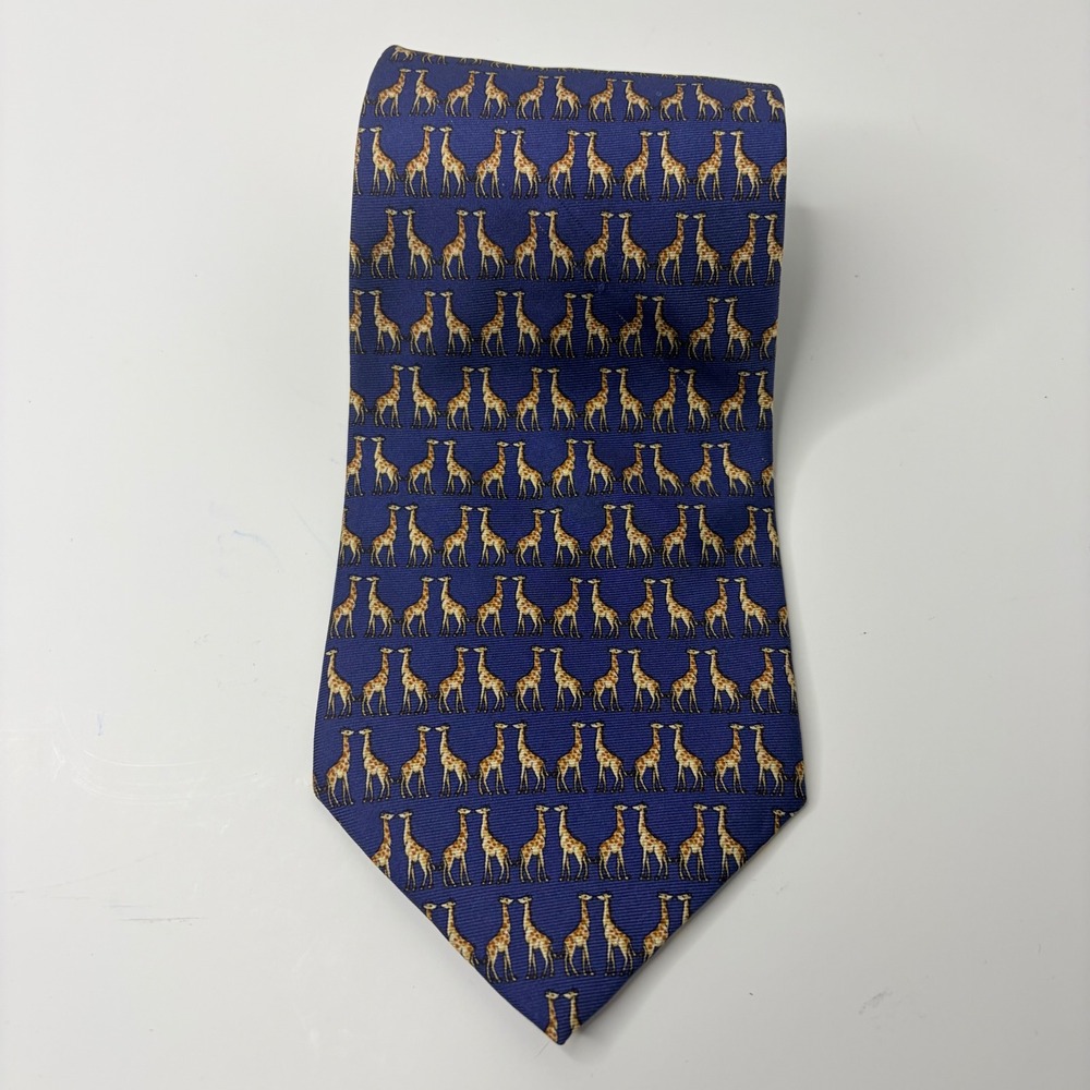 Barbara Blank New York Mens Silk Tie Navy Blue Giraffe Animal Print Novelty
